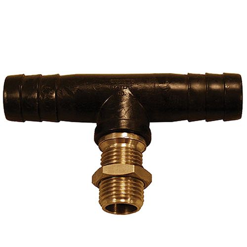 Sprayer T Nozzle Body, 3/4 In Celcon Barbs, 11/16 SS Thread