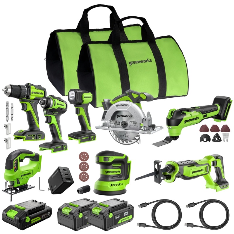 24V Brushless 8-Piece Power Tool Combo Kit, (2) 4.0Ah & (1) 2.0Ah USB-C Batteries, 65W USB-C Fast Charger Included