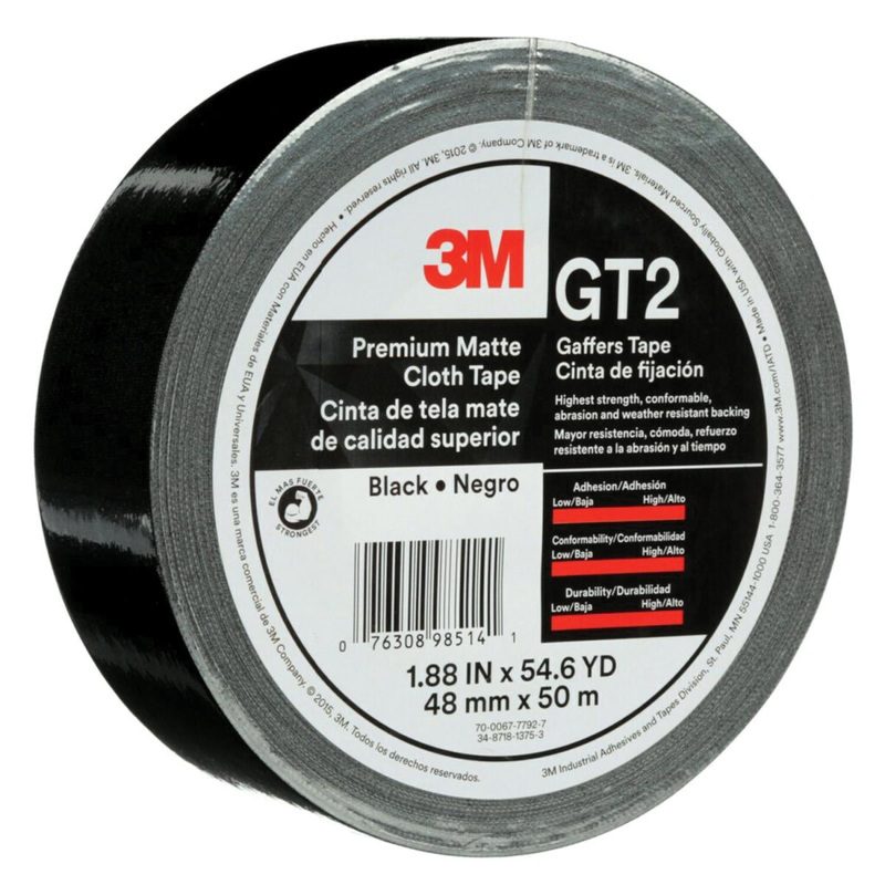 3M GT2 Gaffer Tape, 11 mil Thick, 48 mm W, 50 m L, Black, Synthetic Rubber Adhesive, Cotton Cloth Backing