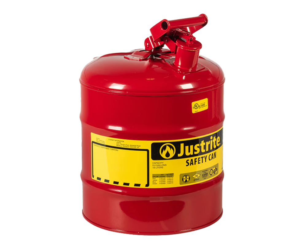Justrite 5 Gallon Steel Safety Can for Flammables, Type I, Flame Arrester, Red (7150100)