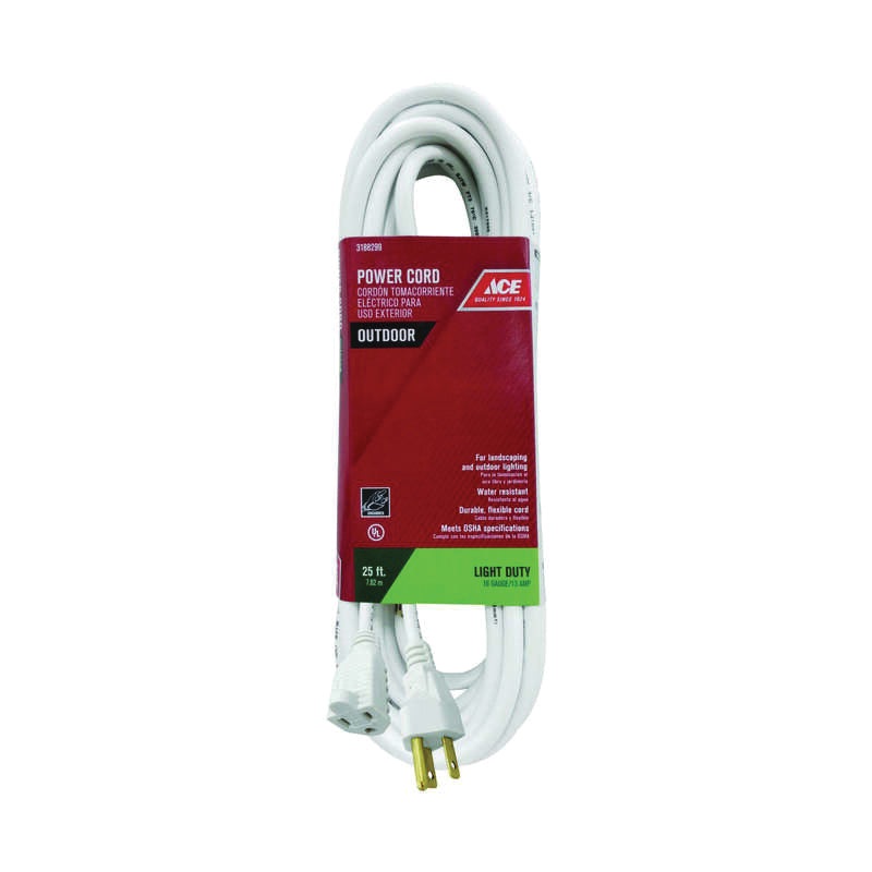 ACE OUSJT163025WH Extension Cord, 125 V, SJTWA Conductor, 16/3 AWG Conductor, 25 ft L