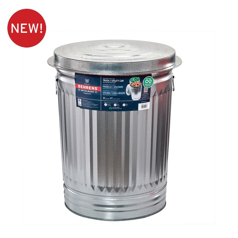 BEHRENS METALWARE 1270 Trash Can With Lid, 31 gal Capacity, Round, Steel, Gray