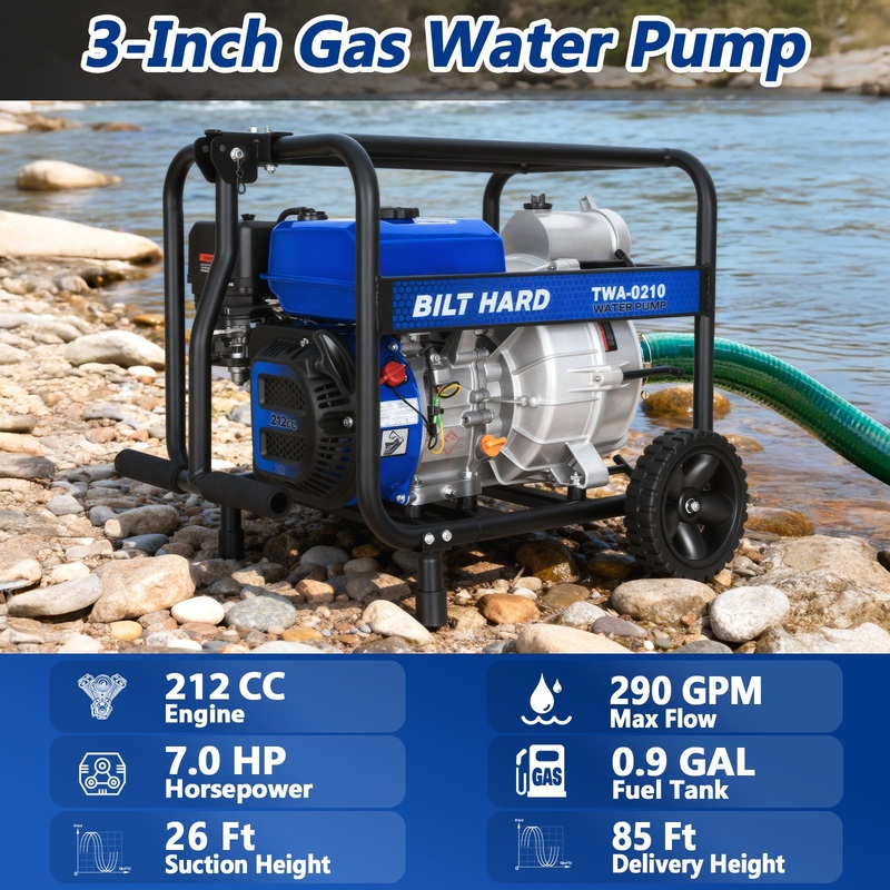 BILT HARD 3 Inch Trash Pump, 290 GPM 7HP Gas Powered Water Pump, 212cc 4-Cycle Engine with Handle and Wheels, 50 ft Discharge Hose, 15 ft Suction Hose with Complete Fittings, EPA Certified