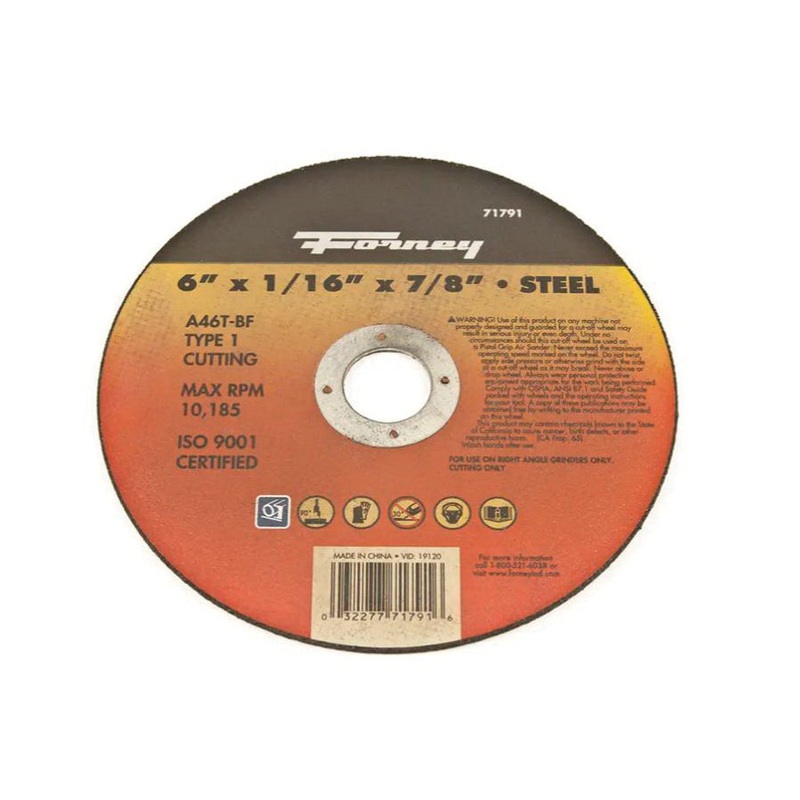 Forney 71791 Cut-Off Wheel, Type 1, Flat Wheel, 6 in Dia, 1/16 in Thick, 7/8 in Arbor, 46 Grit, Medium Grit
