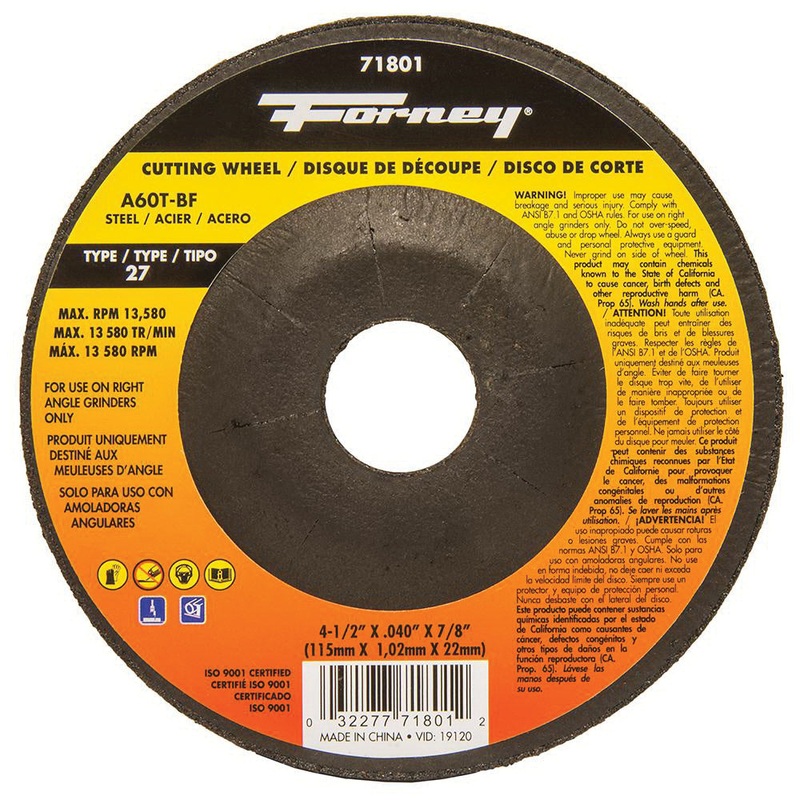 Forney 71801 Cut-Off Wheel, Type 27 Wheel, 4-1/2 in Dia, 0.04 in Thick, 7/8 in Arbor, 60 Grit, Medium Grit