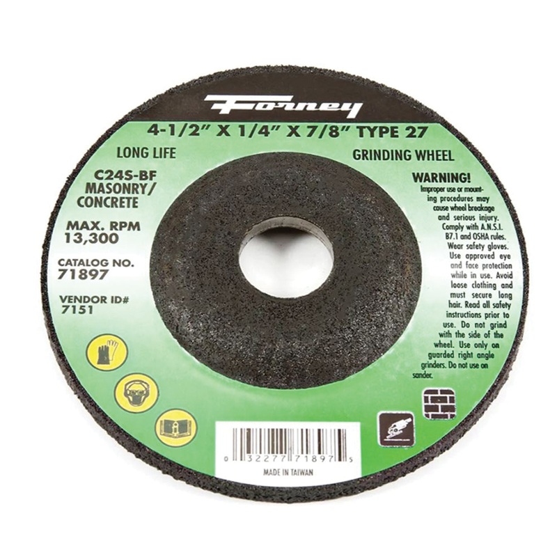 Forney 71897 Depressed Center Grinding Wheel, Type 27 Wheel, 4-1/2 in Dia, 1/4 in Thick, 7/8 in Arbor, 24 Grit