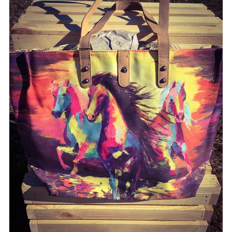 Horse Collection Dual Sided Print Canvas Fabric Tote #MW617-9317