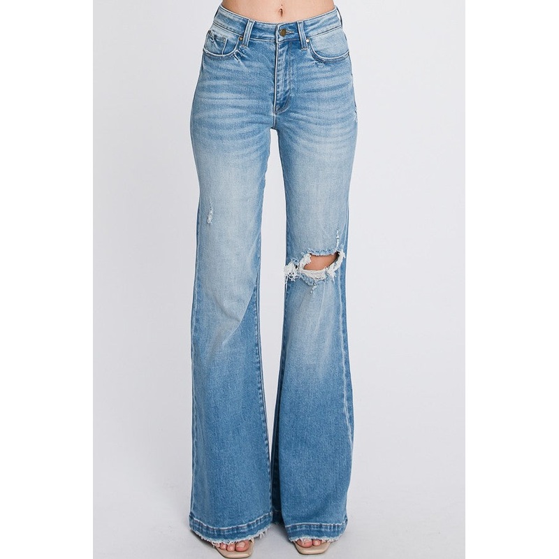 JEAN LADIES DISTRESSED SUPER HIGH RISE 70’S INSPIRED FLARE #P289F-MD