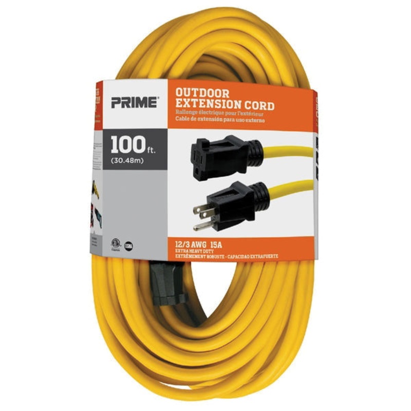 PRIME EC500835 Outdoor Extension Cord, 125 V, 3 -Conductor, SJTW Conductor, 12 AWG Conductor, 100 ft L