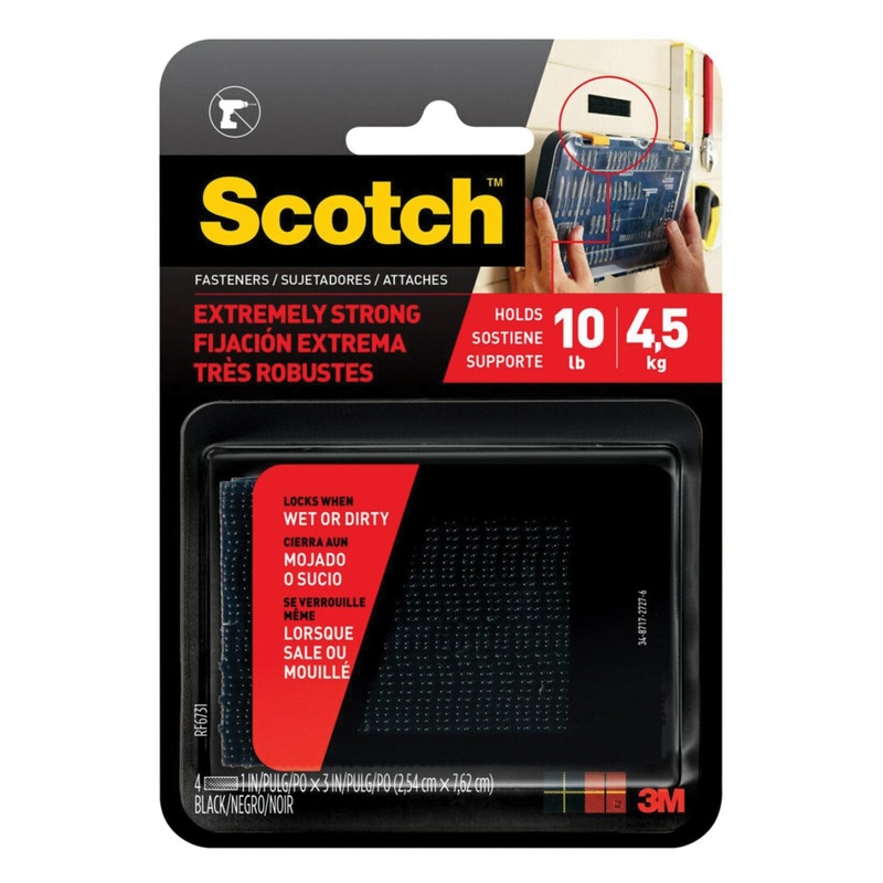 Scotch RF6731 Extreme Fastener, 1 in W, 3 in L, Black, Polypropylene Backing
