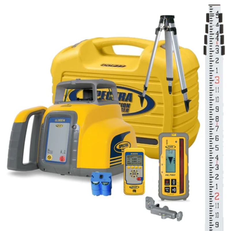 Spectra LL300N Laser Level w/HL760 Receiver, RC1402 Remote, Tripod & 15ft Grade Rod (Inches)