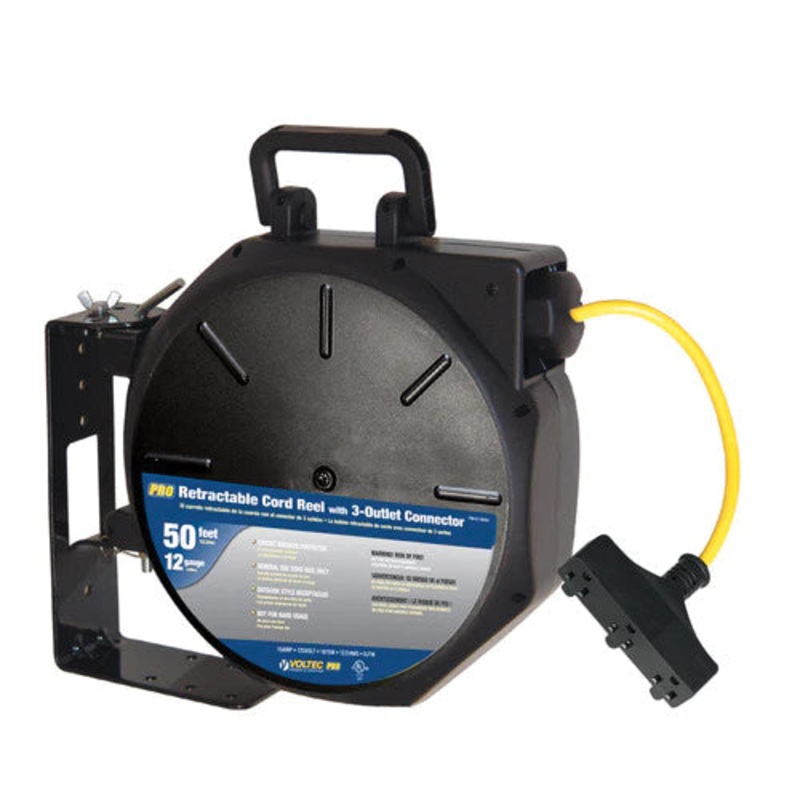 Voltec 07-00283 Retractable Cord Reel, 13 A, With Cable, SJTW Cord, 14 AWG Wire, 50 ft L Retractable Cord, Black Reel