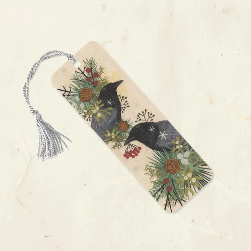 Winter Crow Wood Bookmark with Tassel