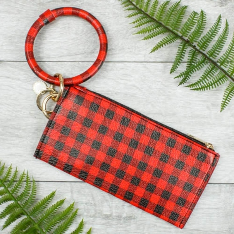 Wristlet Wallet#3030-Red Plaid & White Plaid